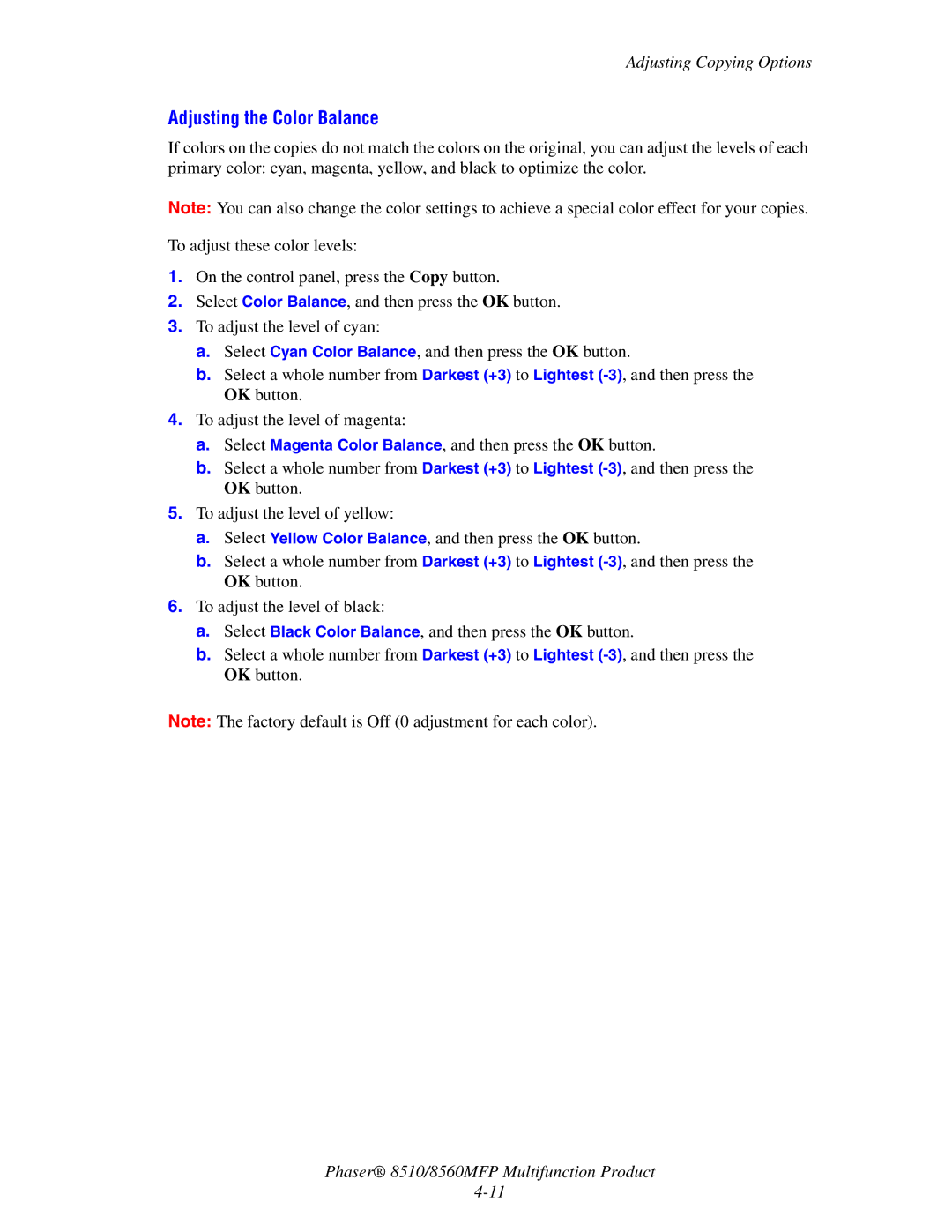 Xerox 8510 manual Adjusting the Color Balance 