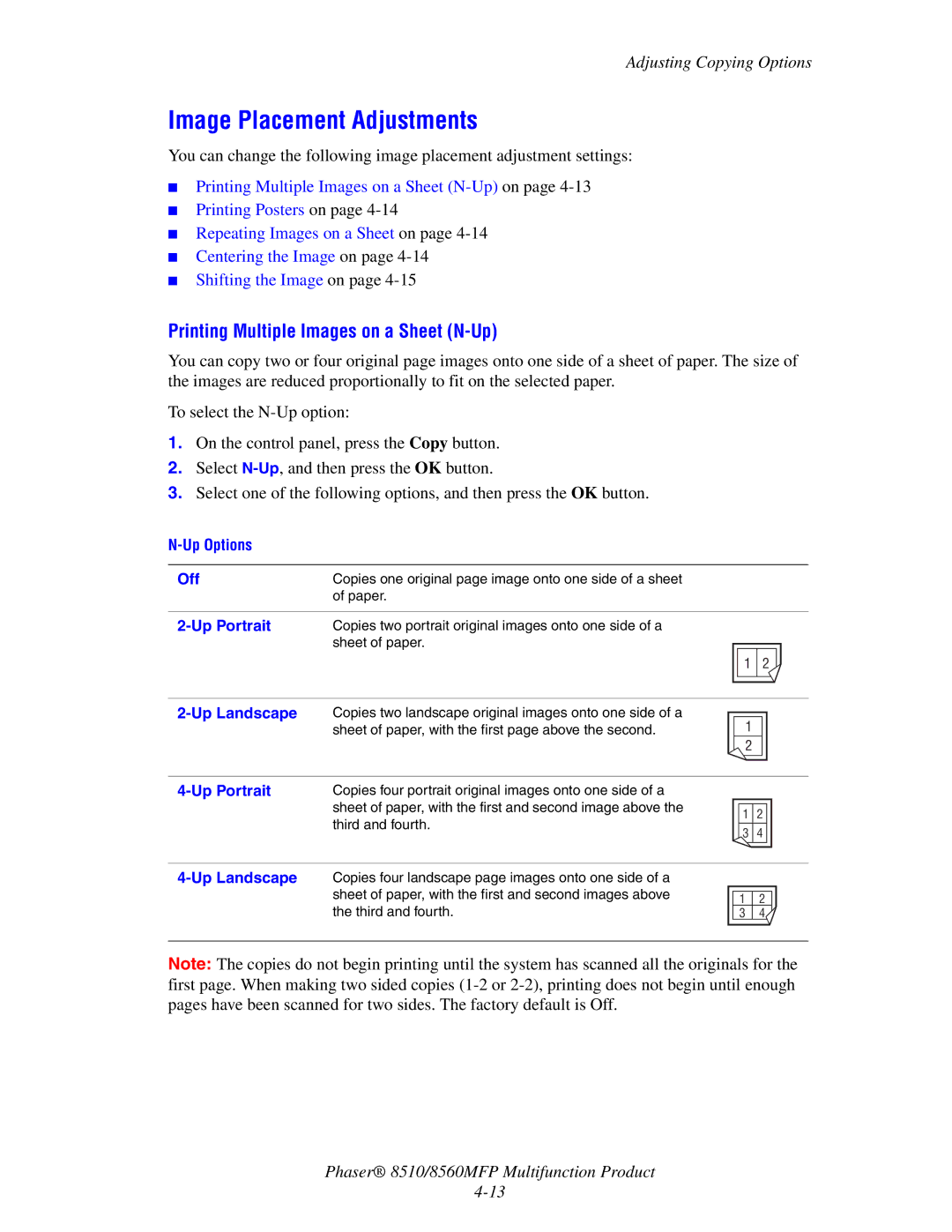 Xerox 8510 manual Image Placement Adjustments, Printing Multiple Images on a Sheet N-Up 