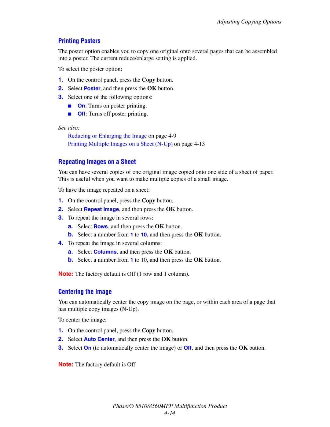 Xerox 8510 manual Printing Posters, Repeating Images on a Sheet, Centering the Image 