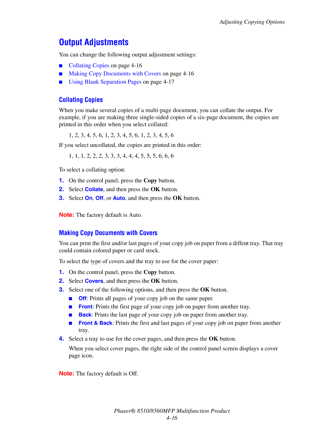 Xerox 8510 manual Output Adjustments, Collating Copies, Making Copy Documents with Covers 