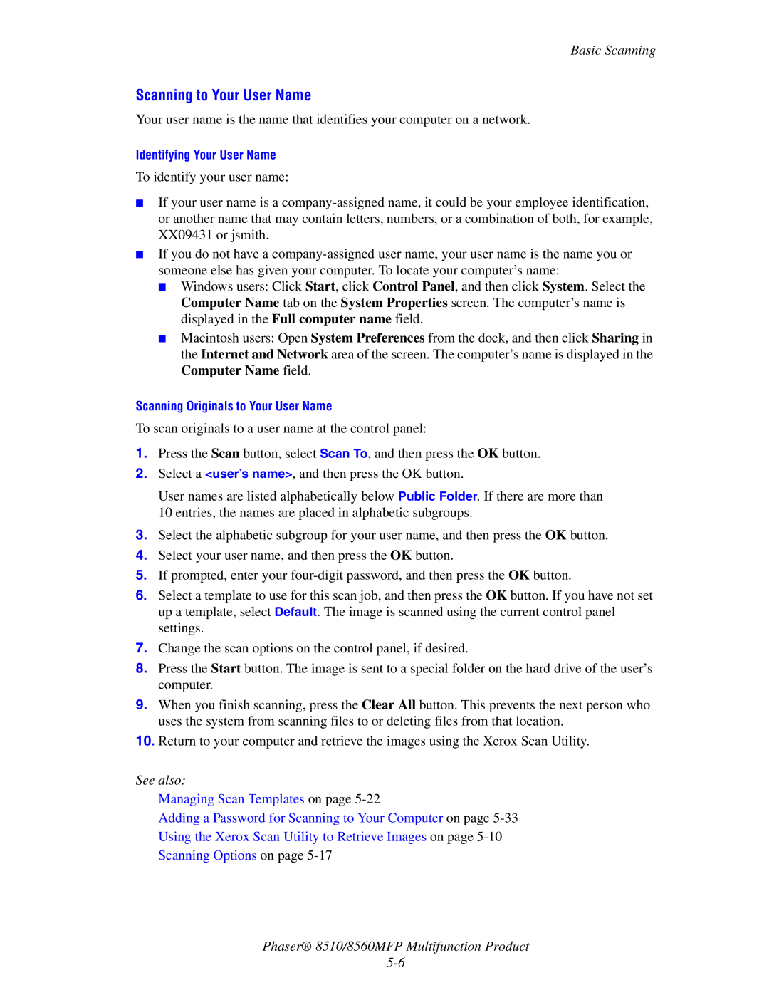 Xerox 8510 manual Scanning to Your User Name 