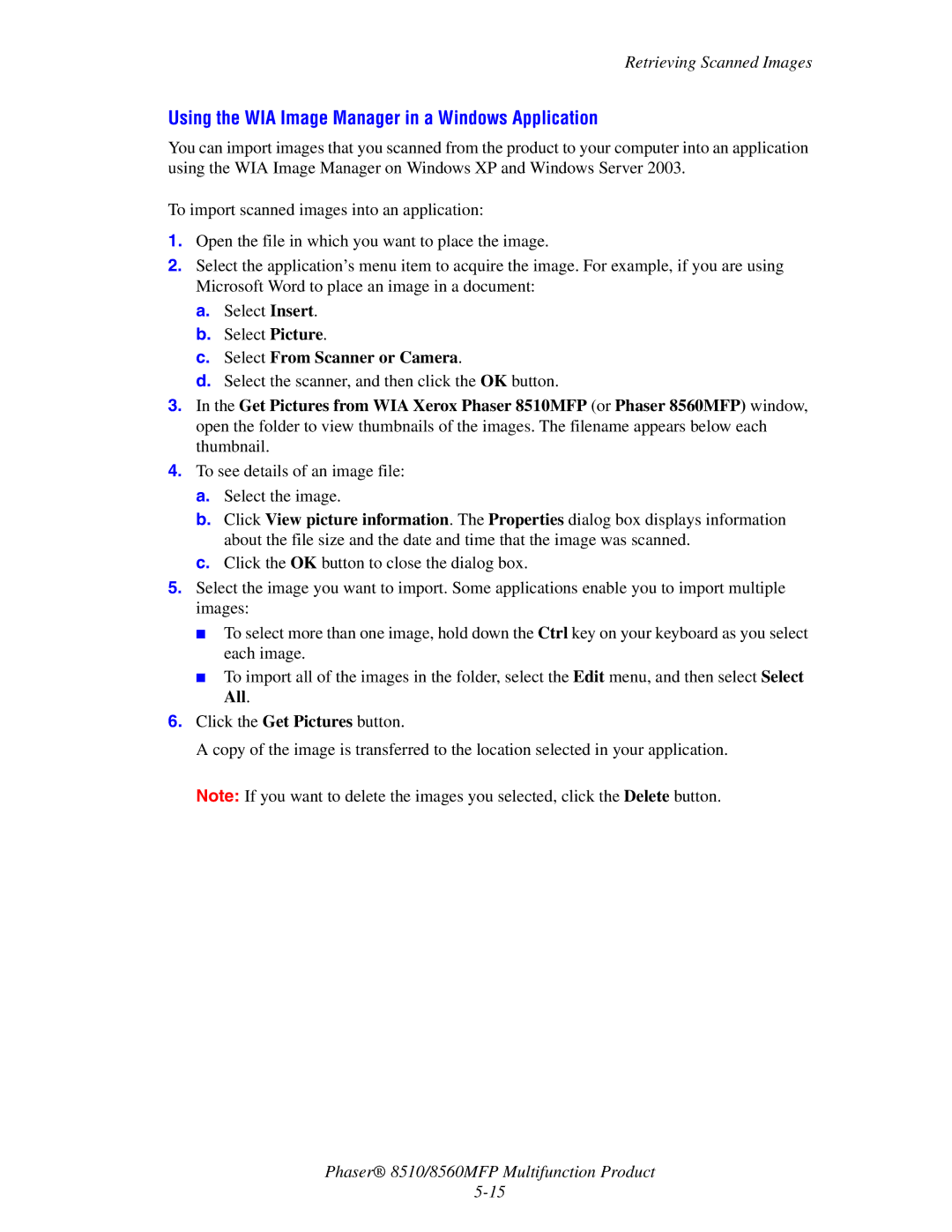 Xerox 8510 manual Using the WIA Image Manager in a Windows Application 