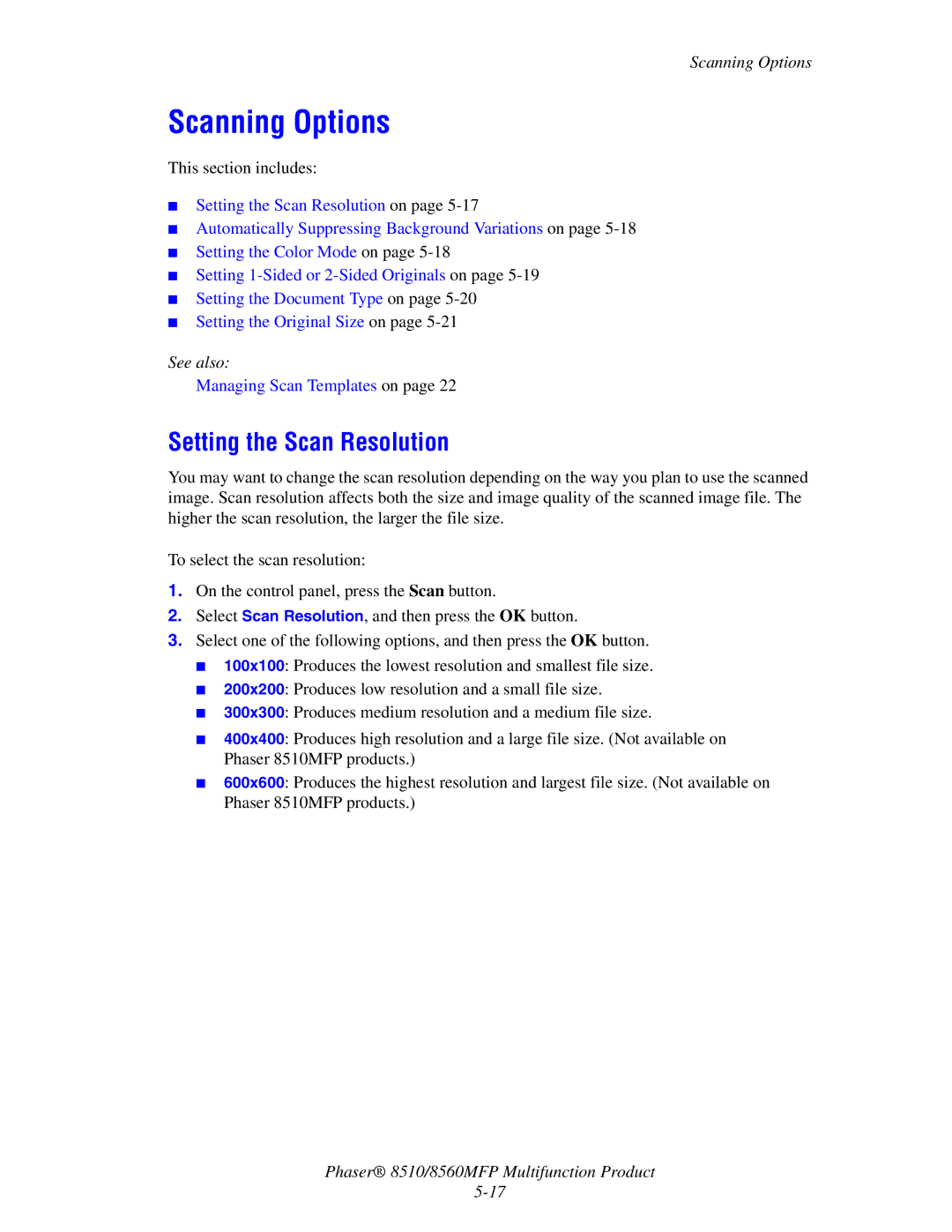 Xerox 8510 manual Scanning Options, Setting the Scan Resolution 