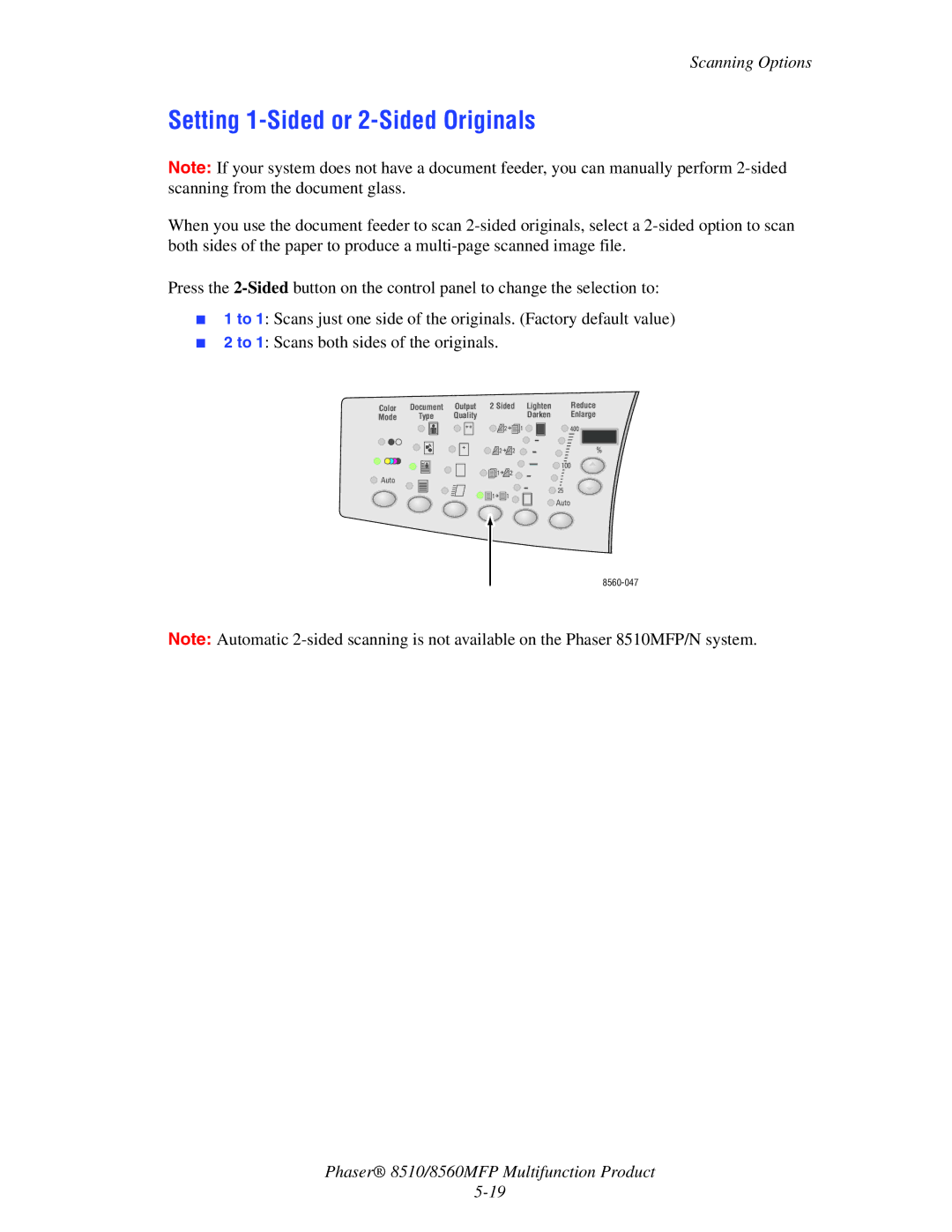 Xerox 8510 manual Setting 1-Sided or 2-Sided Originals 