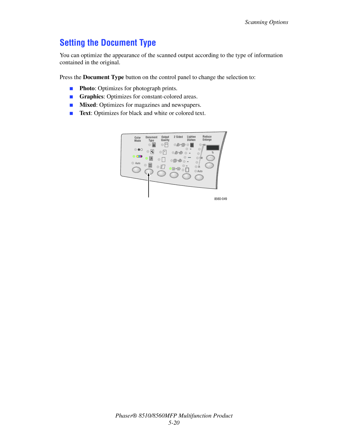 Xerox 8510 manual Setting the Document Type 