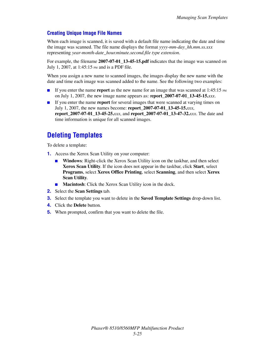 Xerox 8510 manual Deleting Templates, Creating Unique Image File Names 