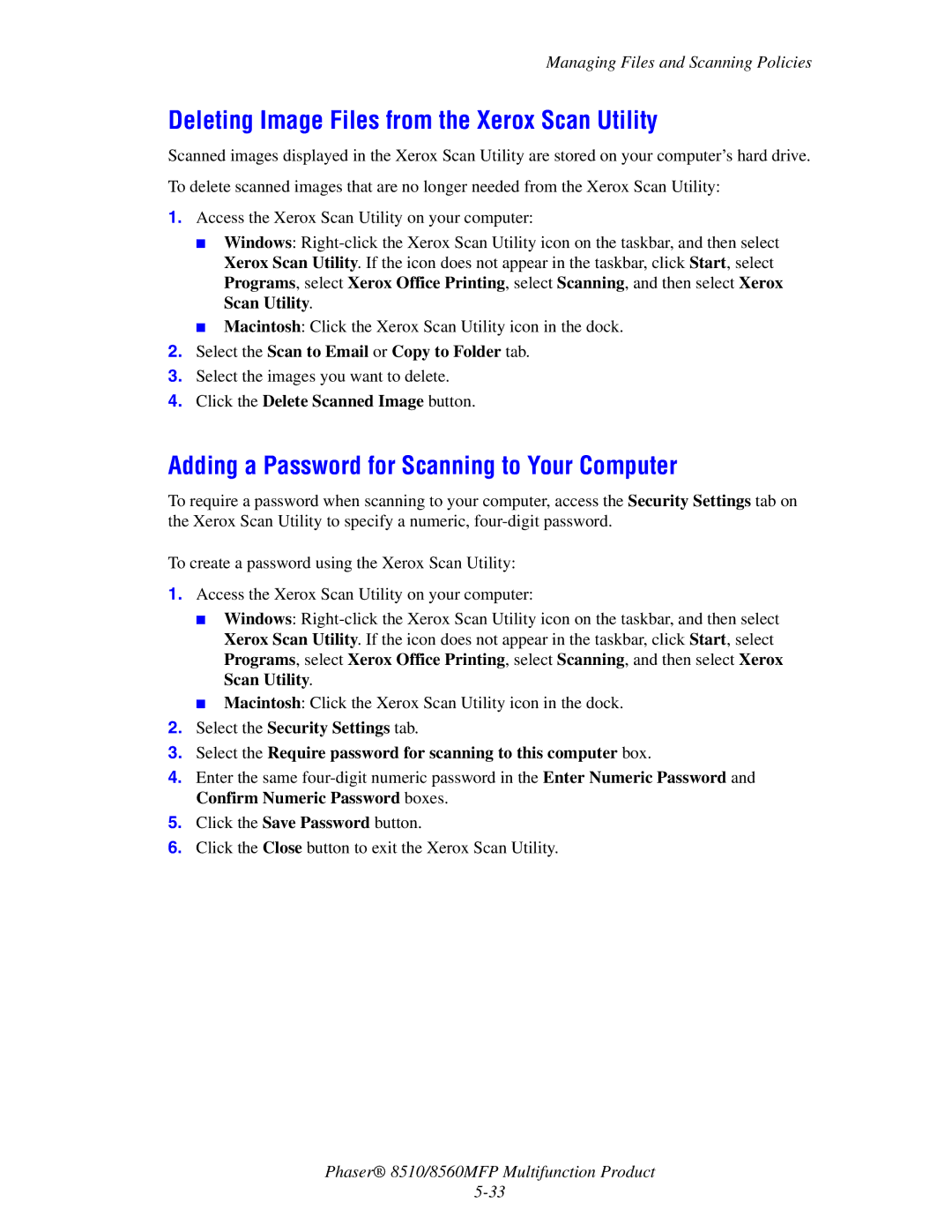 Xerox 8510 manual Deleting Image Files from the Xerox Scan Utility, Adding a Password for Scanning to Your Computer 