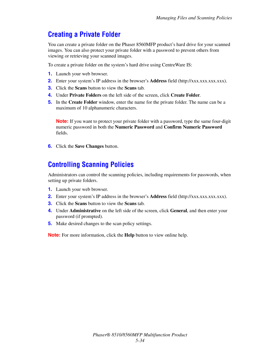 Xerox 8510 manual Creating a Private Folder, Controlling Scanning Policies 