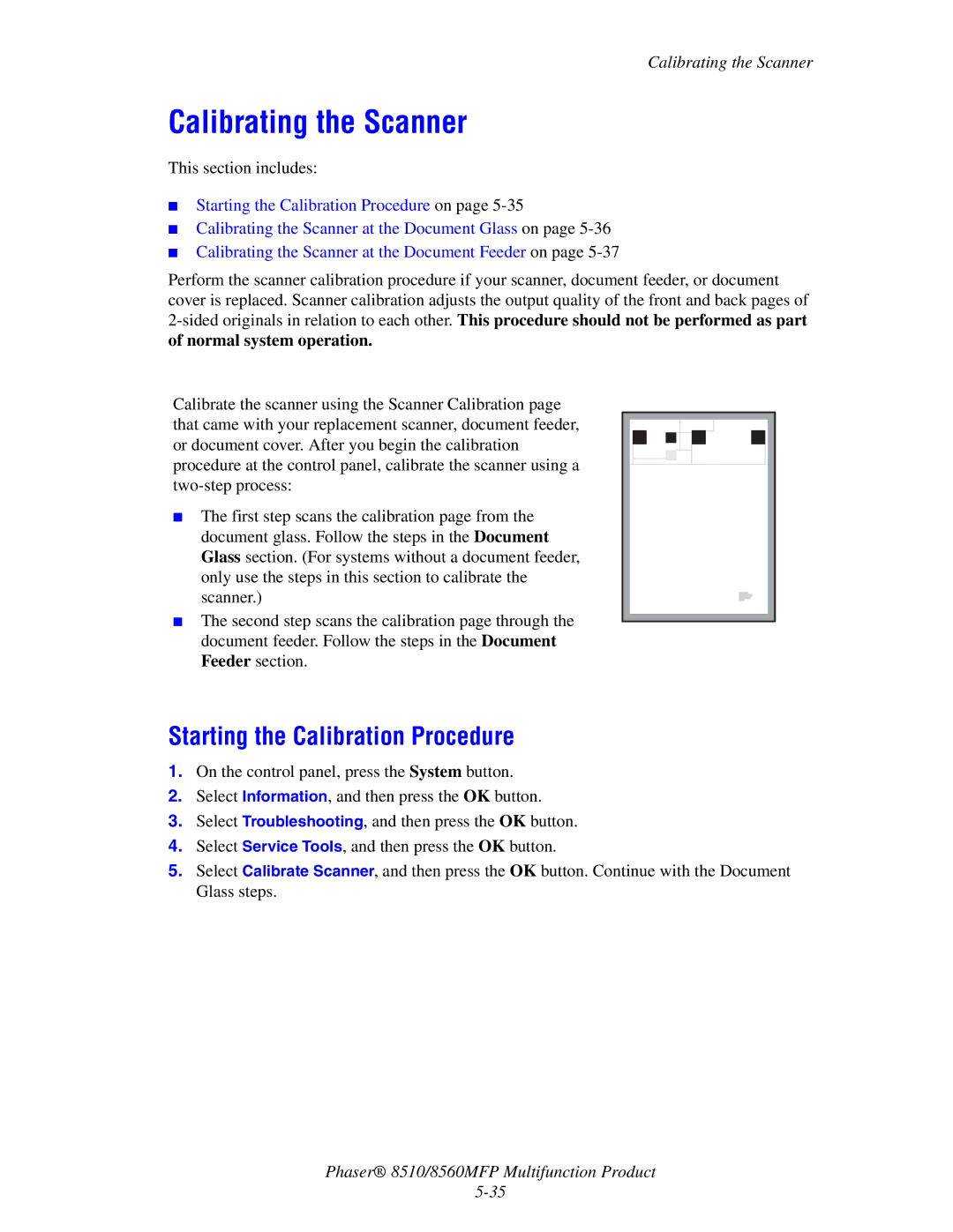 Xerox 8510 manual Calibrating the Scanner, Starting the Calibration Procedure 