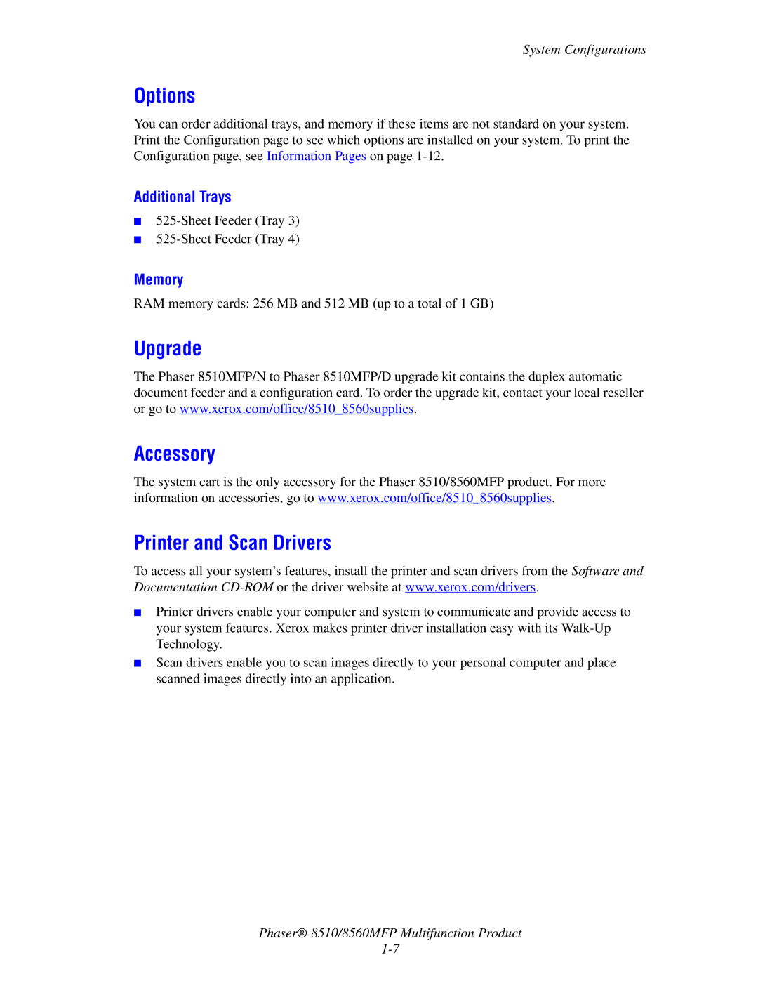 Xerox 8510 manual Options, Upgrade Accessory Printer and Scan Drivers, Additional Trays, Memory 