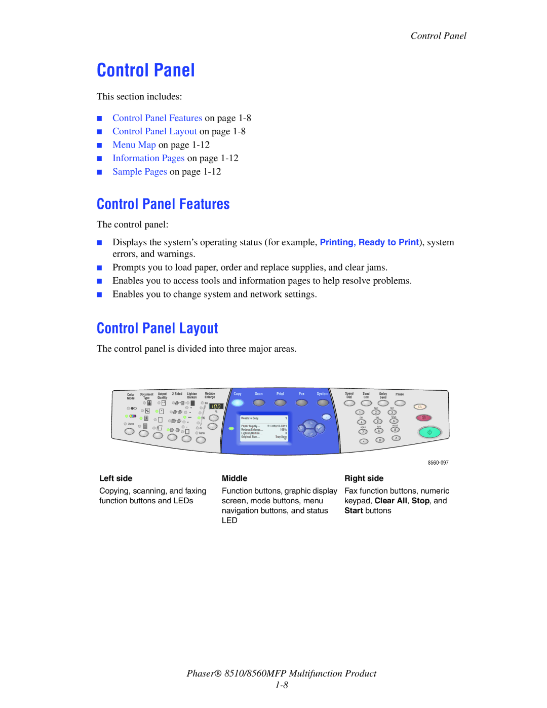 Xerox 8510 manual Control Panel Features, Control Panel Layout, Left side Middle Right side 