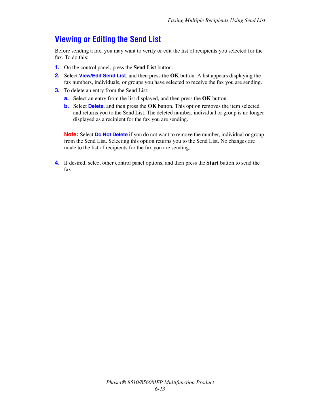 Xerox 8510 manual Viewing or Editing the Send List 