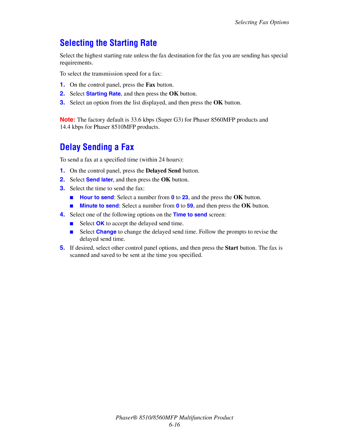 Xerox 8510 manual Selecting the Starting Rate, Delay Sending a Fax 