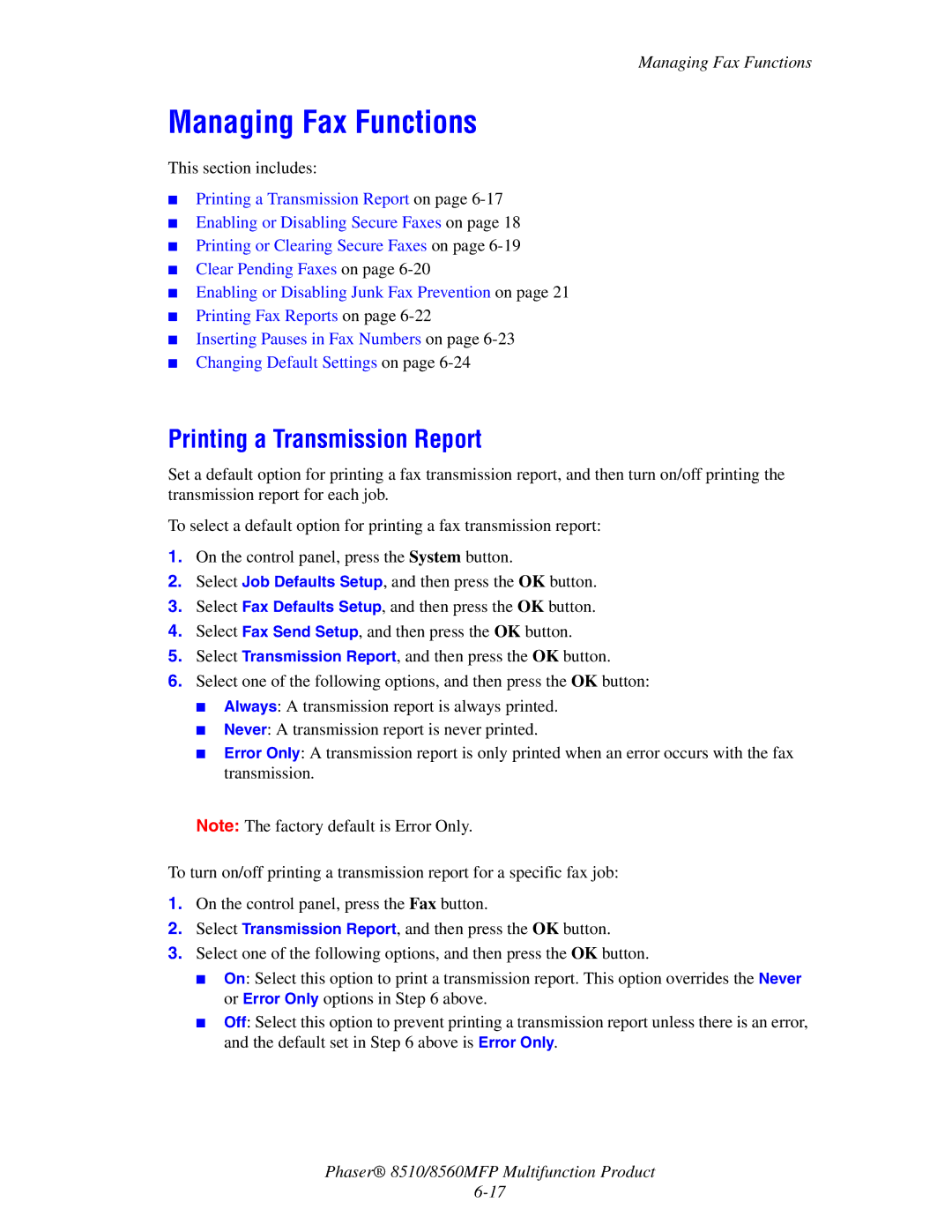 Xerox 8510 manual Managing Fax Functions, Printing a Transmission Report 