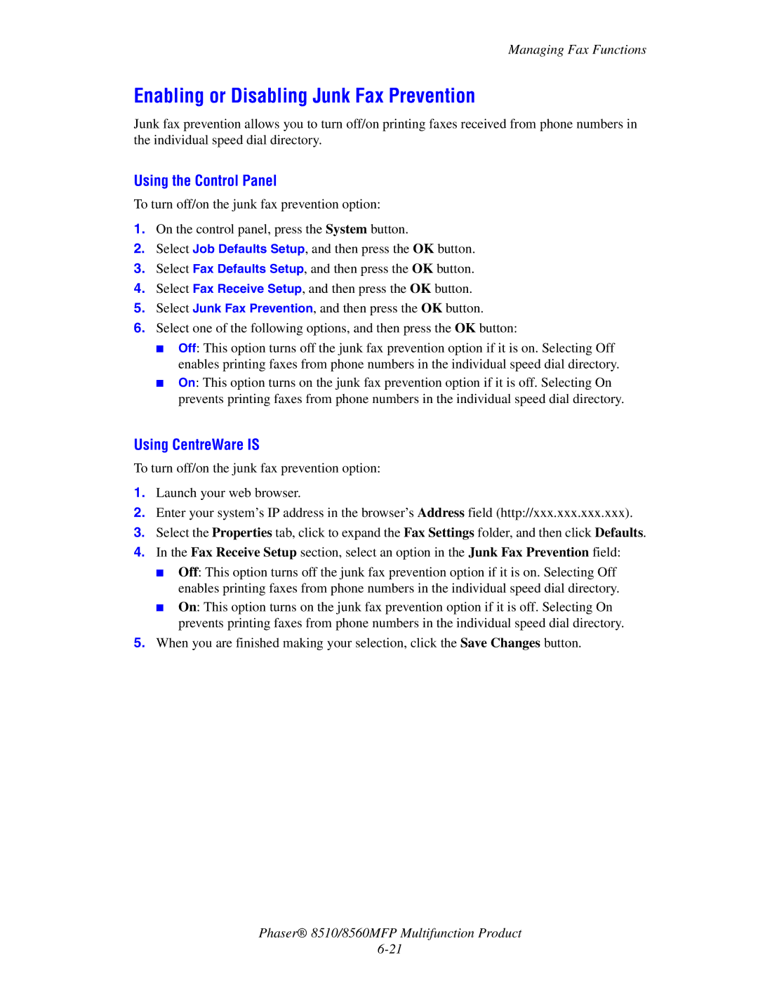 Xerox 8510 manual Enabling or Disabling Junk Fax Prevention 