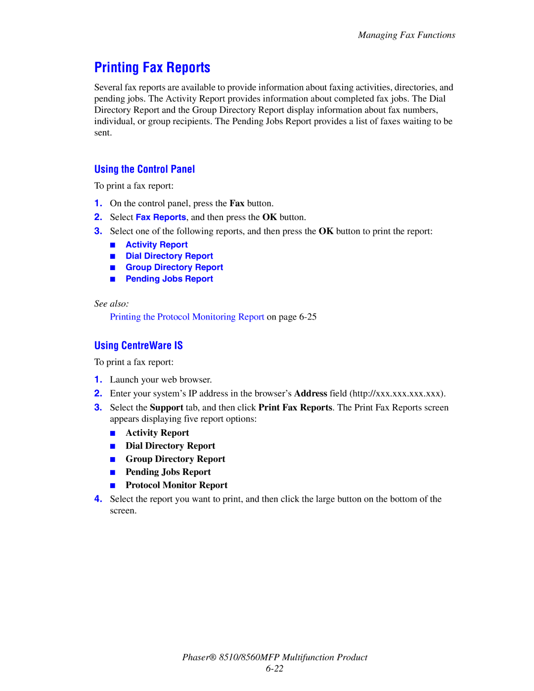 Xerox 8510 manual Printing Fax Reports 