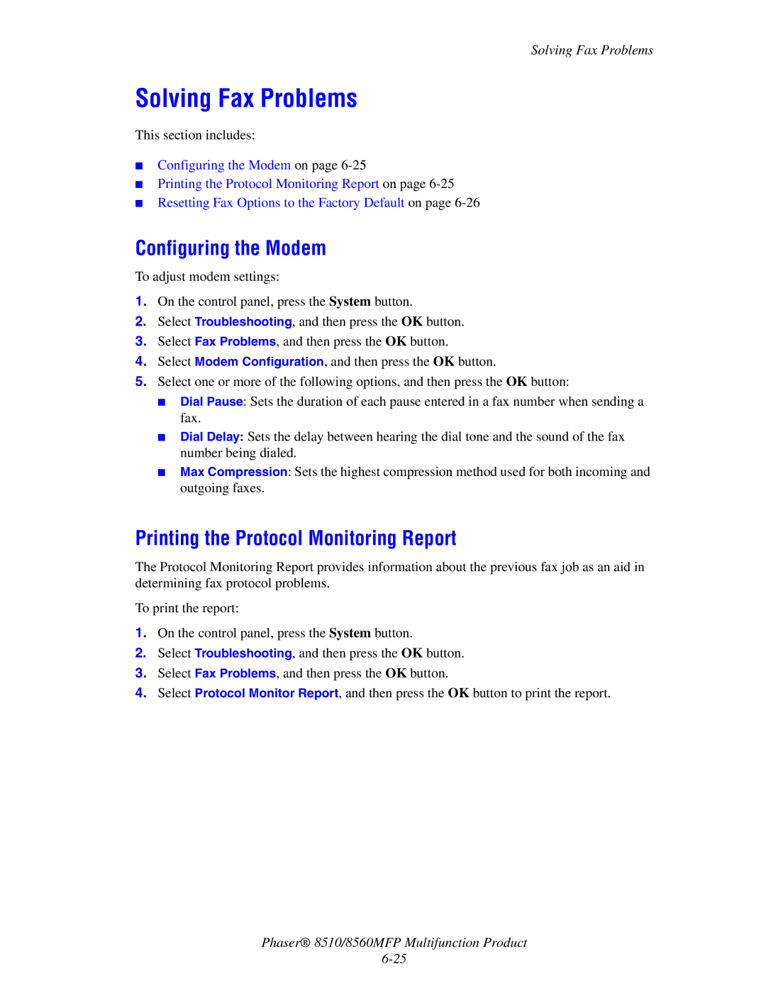 Xerox 8510 manual Solving Fax Problems, Configuring the Modem, Printing the Protocol Monitoring Report 