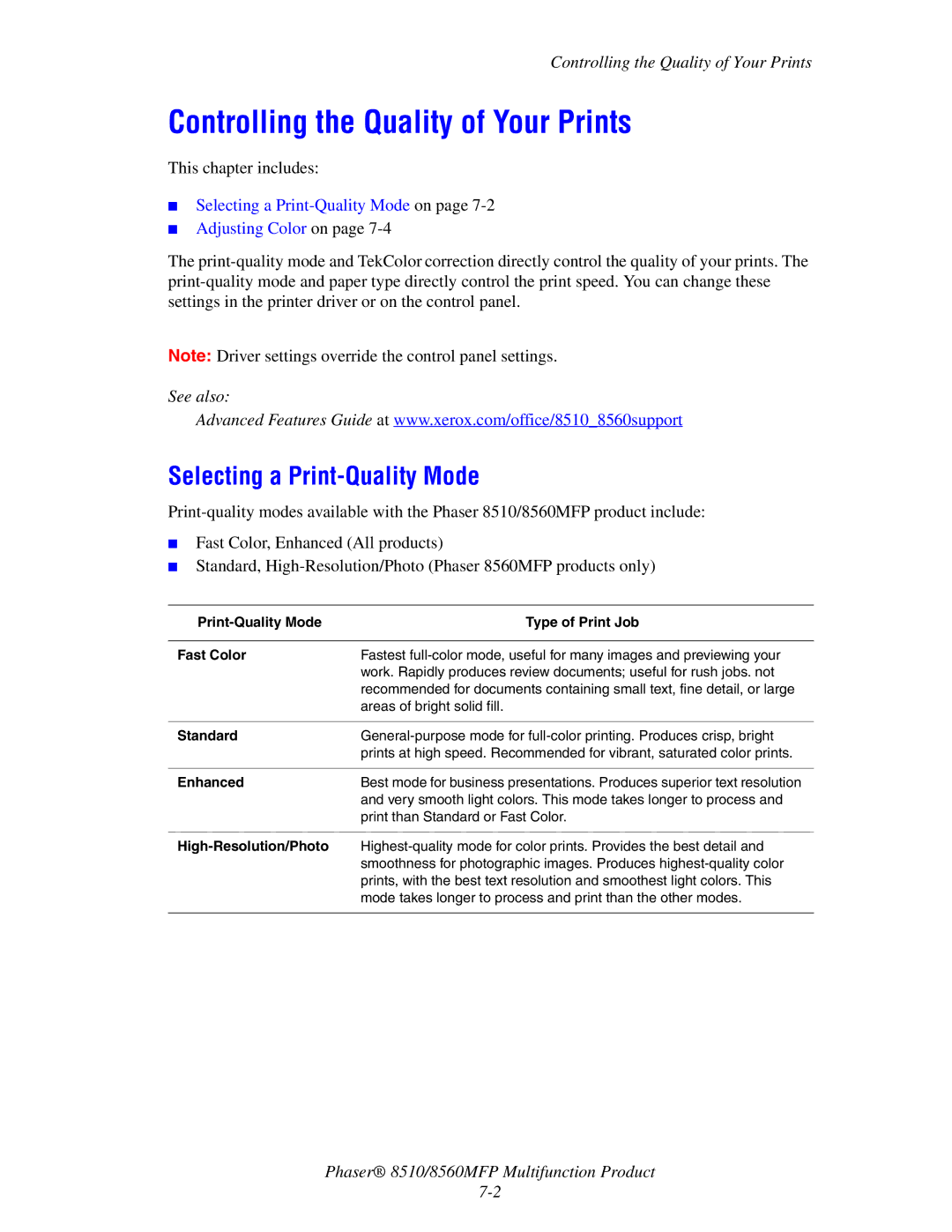 Xerox 8510 manual Controlling the Quality of Your Prints, Selecting a Print-Quality Mode, High-Resolution/Photo 
