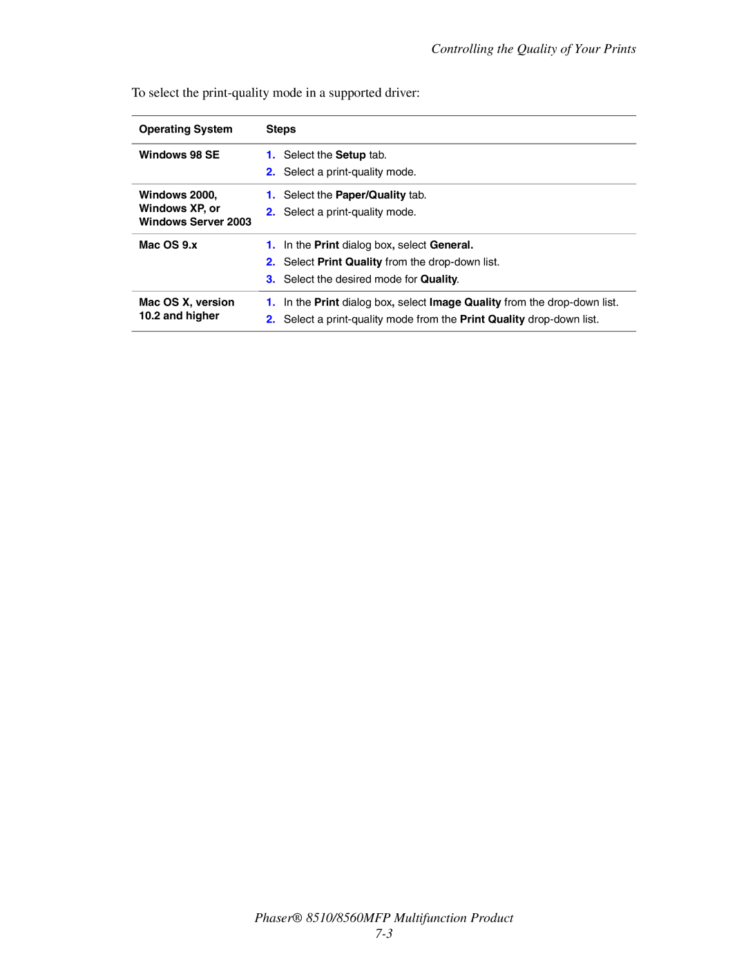 Xerox 8510 manual To select the print-quality mode in a supported driver 