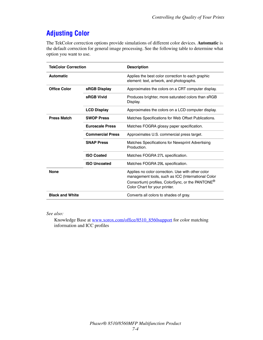 Xerox 8510 manual Adjusting Color 