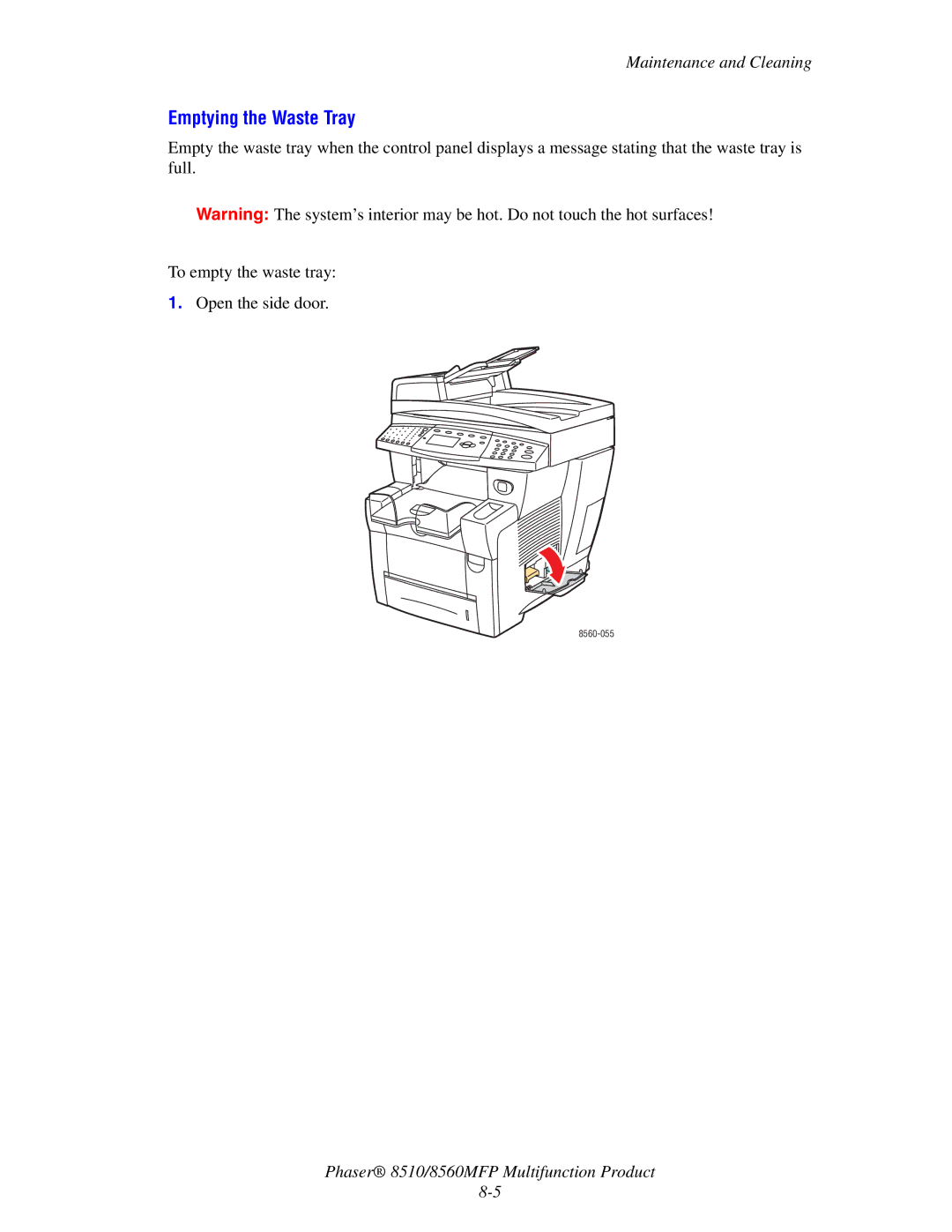 Xerox 8510 manual Emptying the Waste Tray 