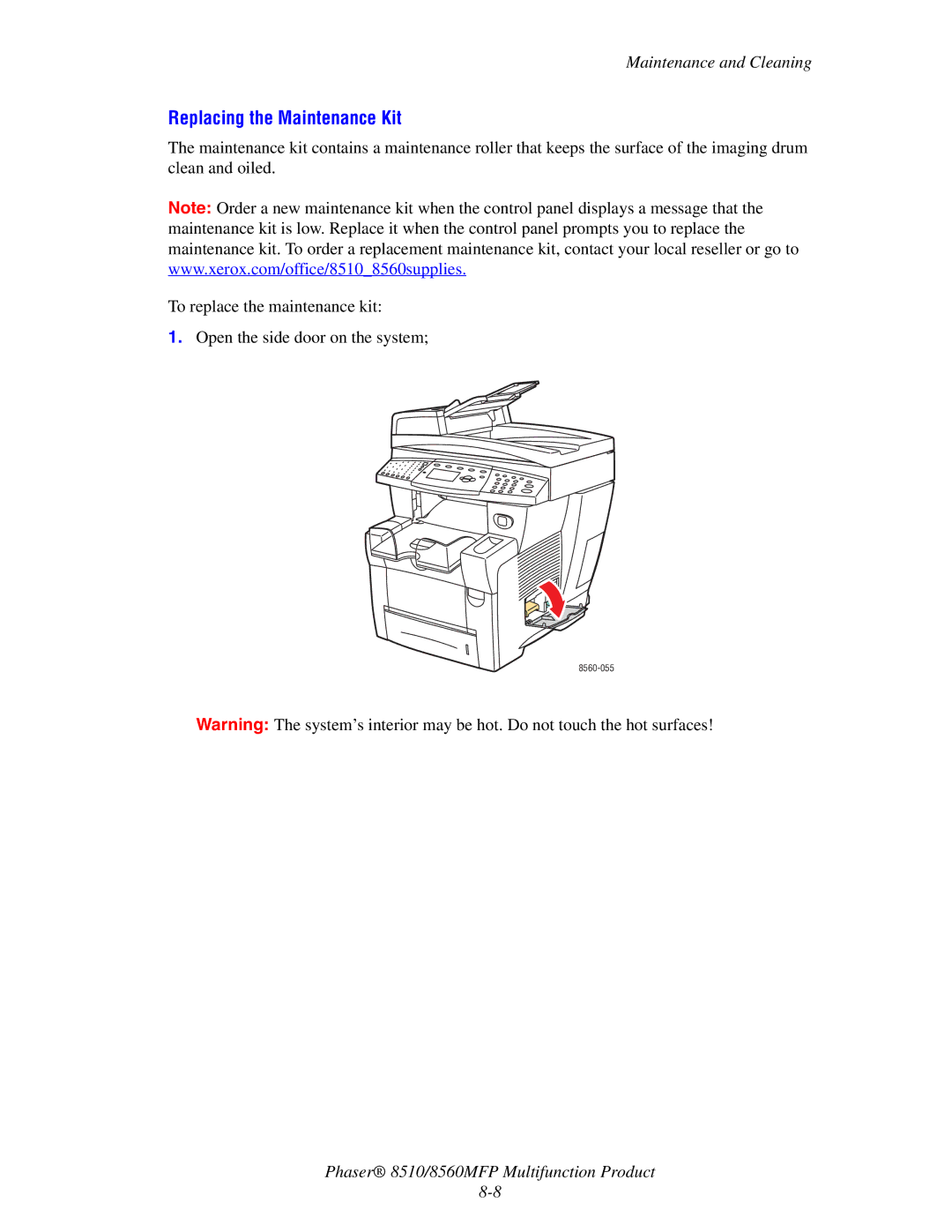 Xerox 8510 manual Replacing the Maintenance Kit 