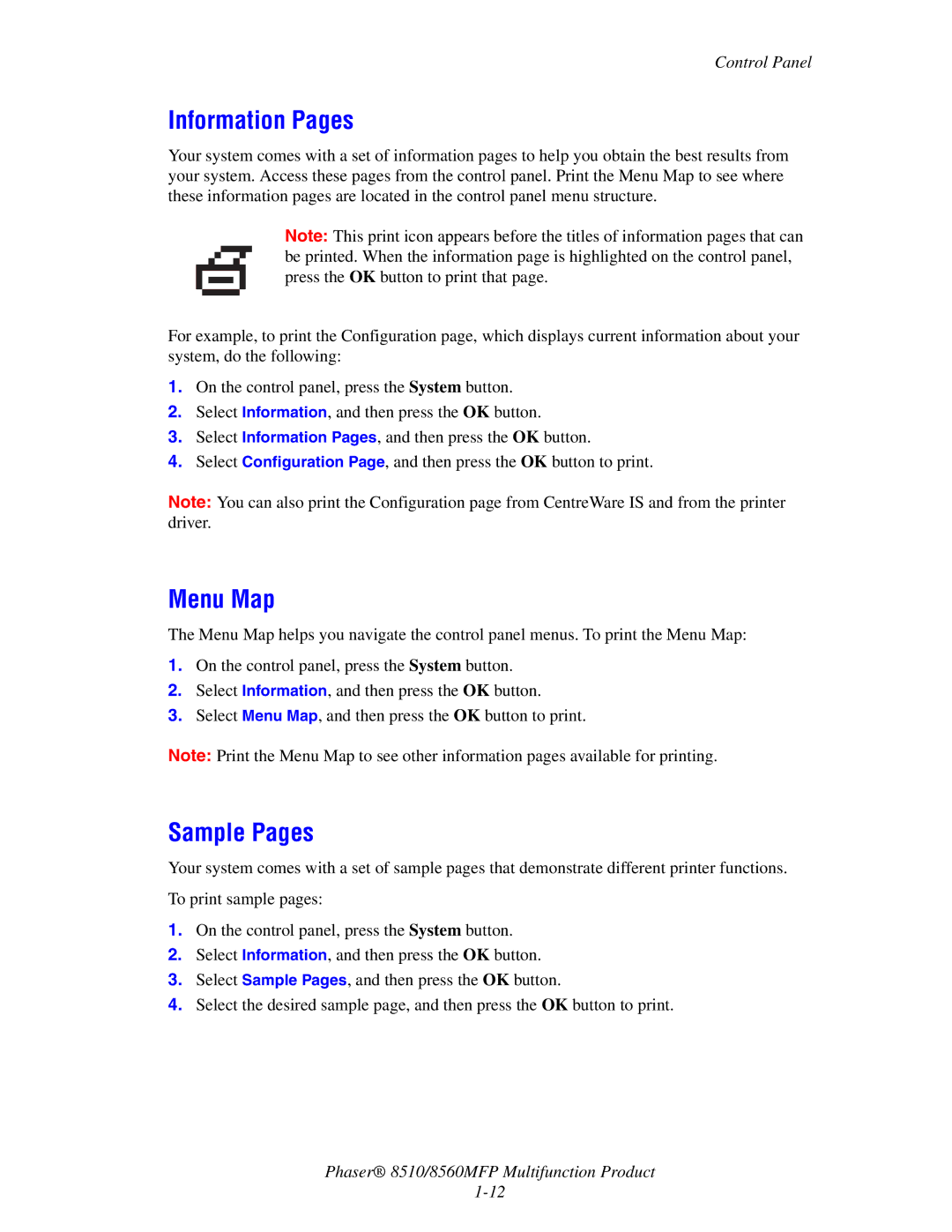 Xerox 8510 manual Information Pages, Menu Map, Sample Pages 