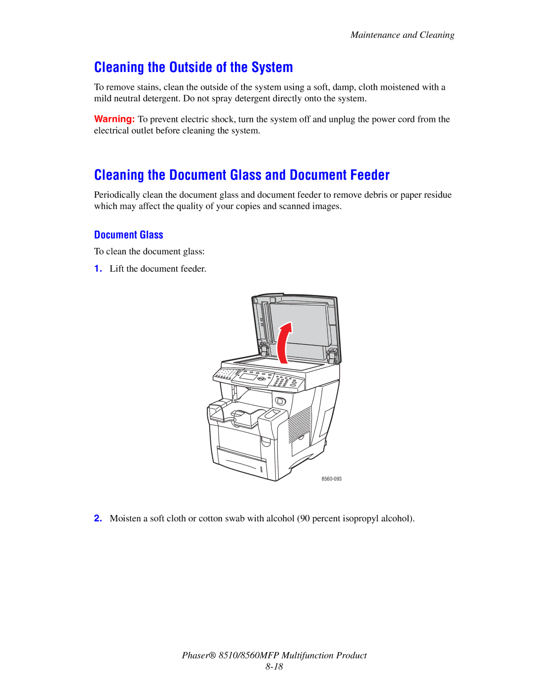 Xerox 8510 manual Cleaning the Outside of the System, Cleaning the Document Glass and Document Feeder 