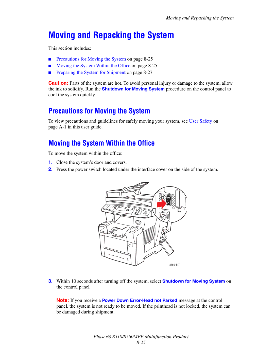 Xerox 8510 manual Moving and Repacking the System, Precautions for Moving the System, Moving the System Within the Office 