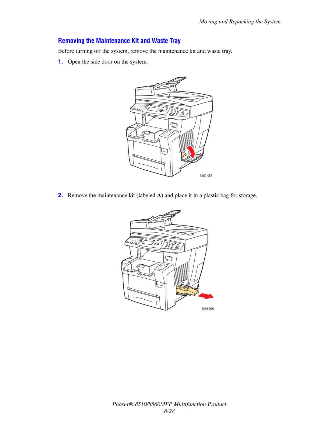 Xerox 8510 manual Removing the Maintenance Kit and Waste Tray 