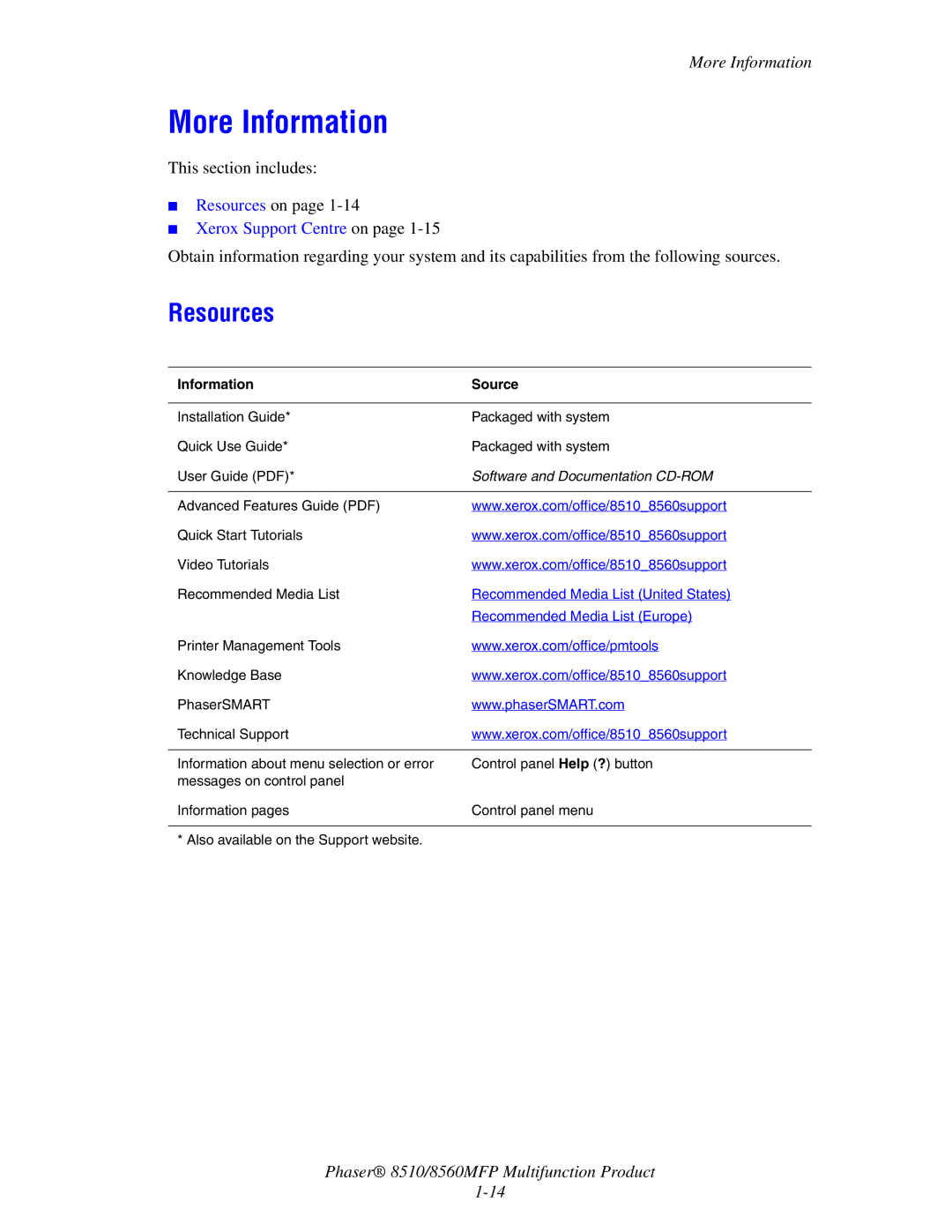 Xerox 8510 manual More Information, Resources, Information Source 