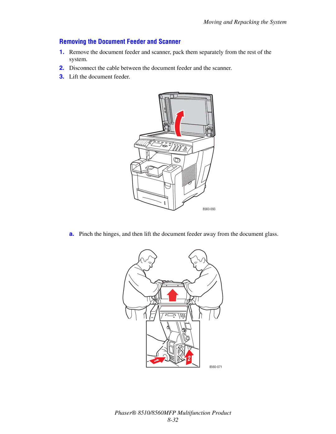 Xerox 8510 manual Removing the Document Feeder and Scanner 