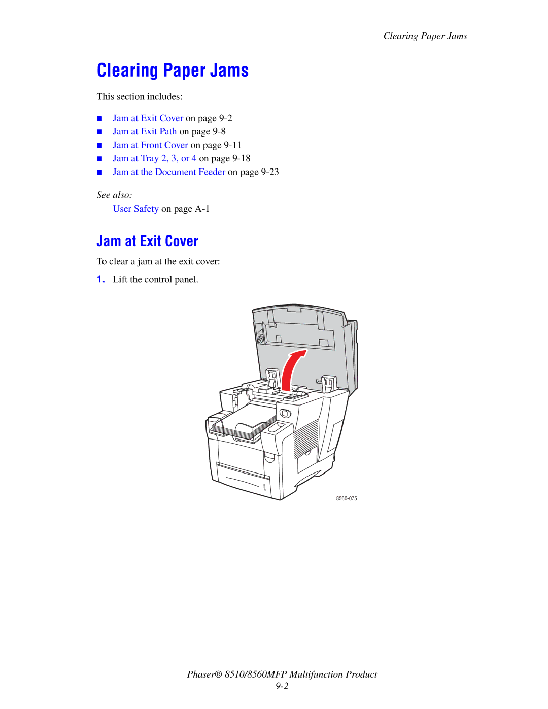 Xerox 8510 manual Clearing Paper Jams, Jam at Exit Cover 