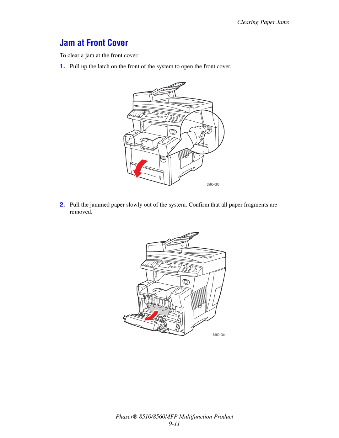 Xerox 8510 manual Jam at Front Cover 