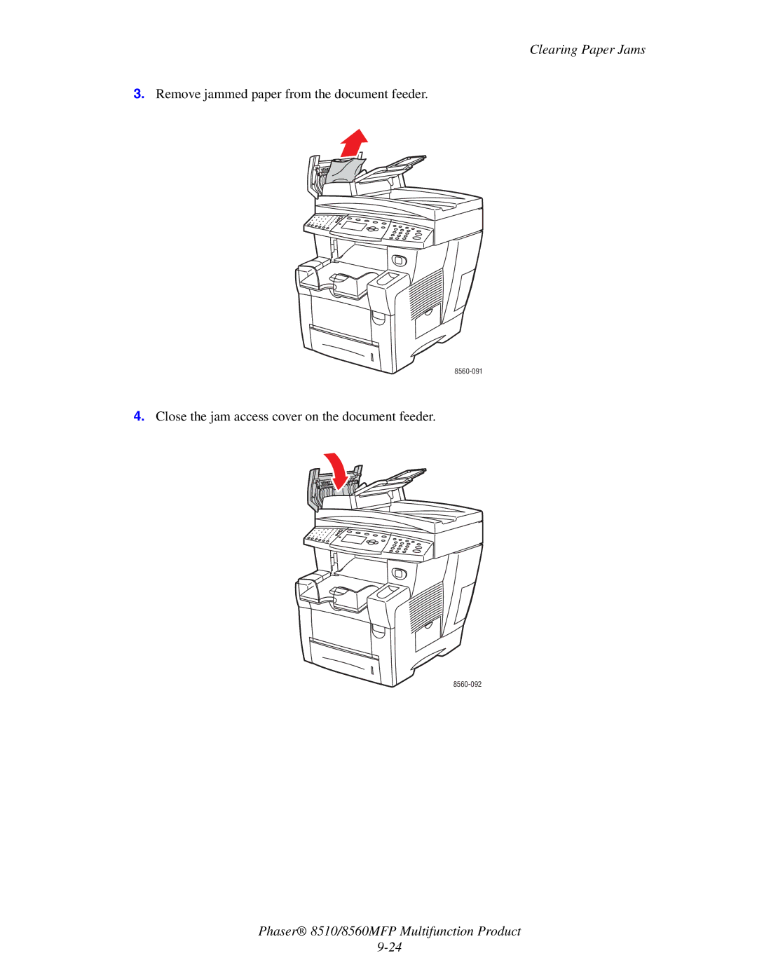 Xerox 8510 manual Remove jammed paper from the document feeder 