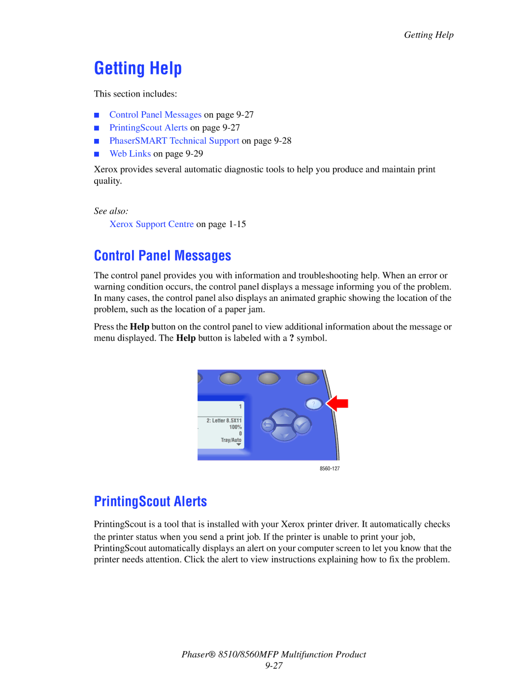 Xerox 8510 manual Getting Help, Control Panel Messages, PrintingScout Alerts 