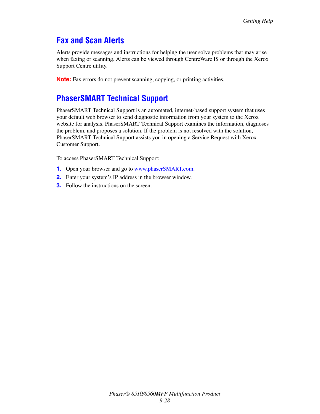 Xerox 8510 manual Fax and Scan Alerts, PhaserSMART Technical Support 