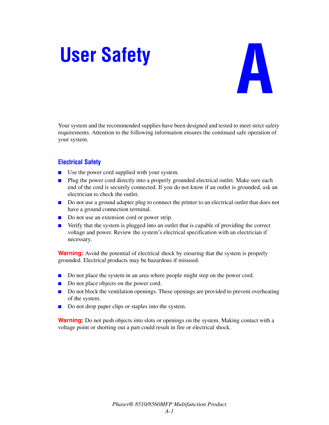 Xerox 8510 manual User Safety, Electrical Safety 