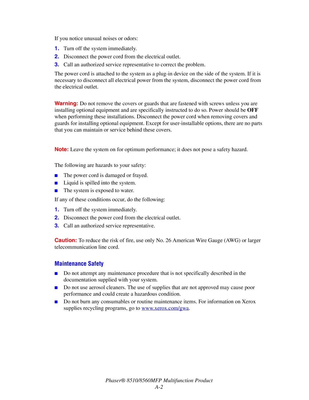 Xerox 8510 manual Maintenance Safety 