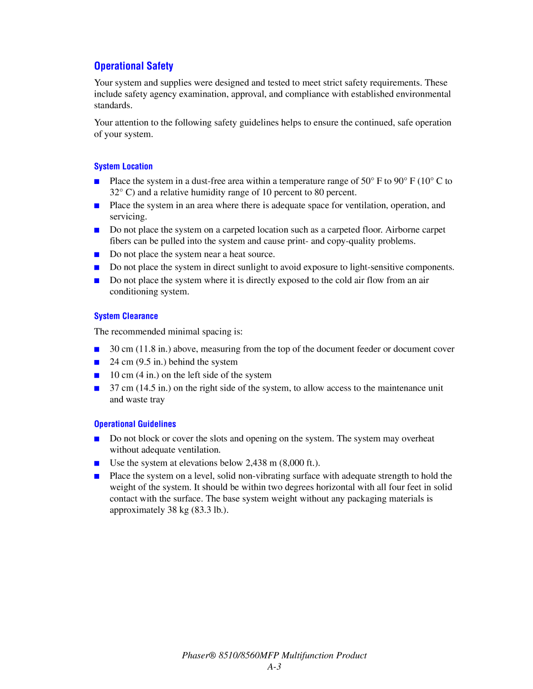 Xerox 8510 manual Operational Safety 