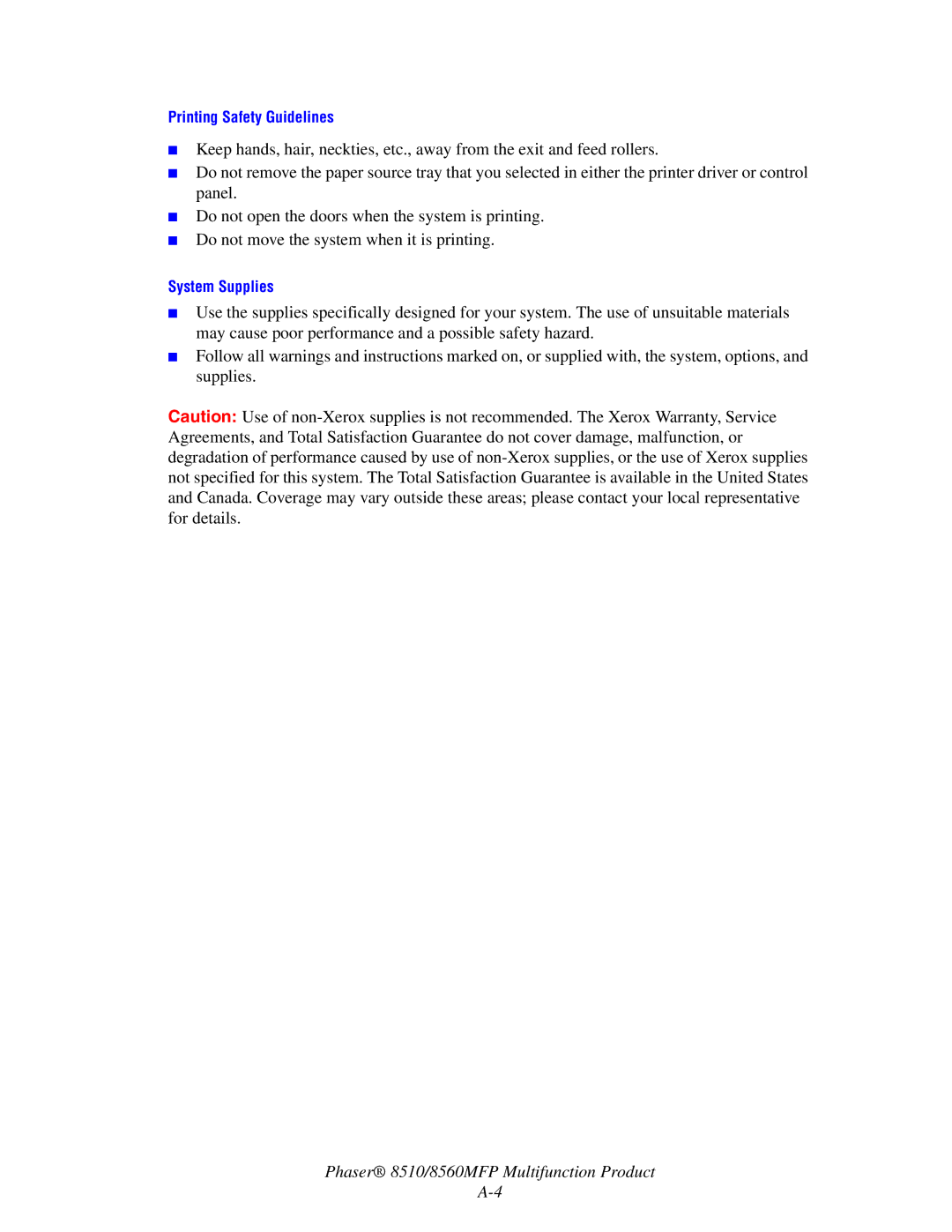 Xerox 8510 manual Printing Safety Guidelines 