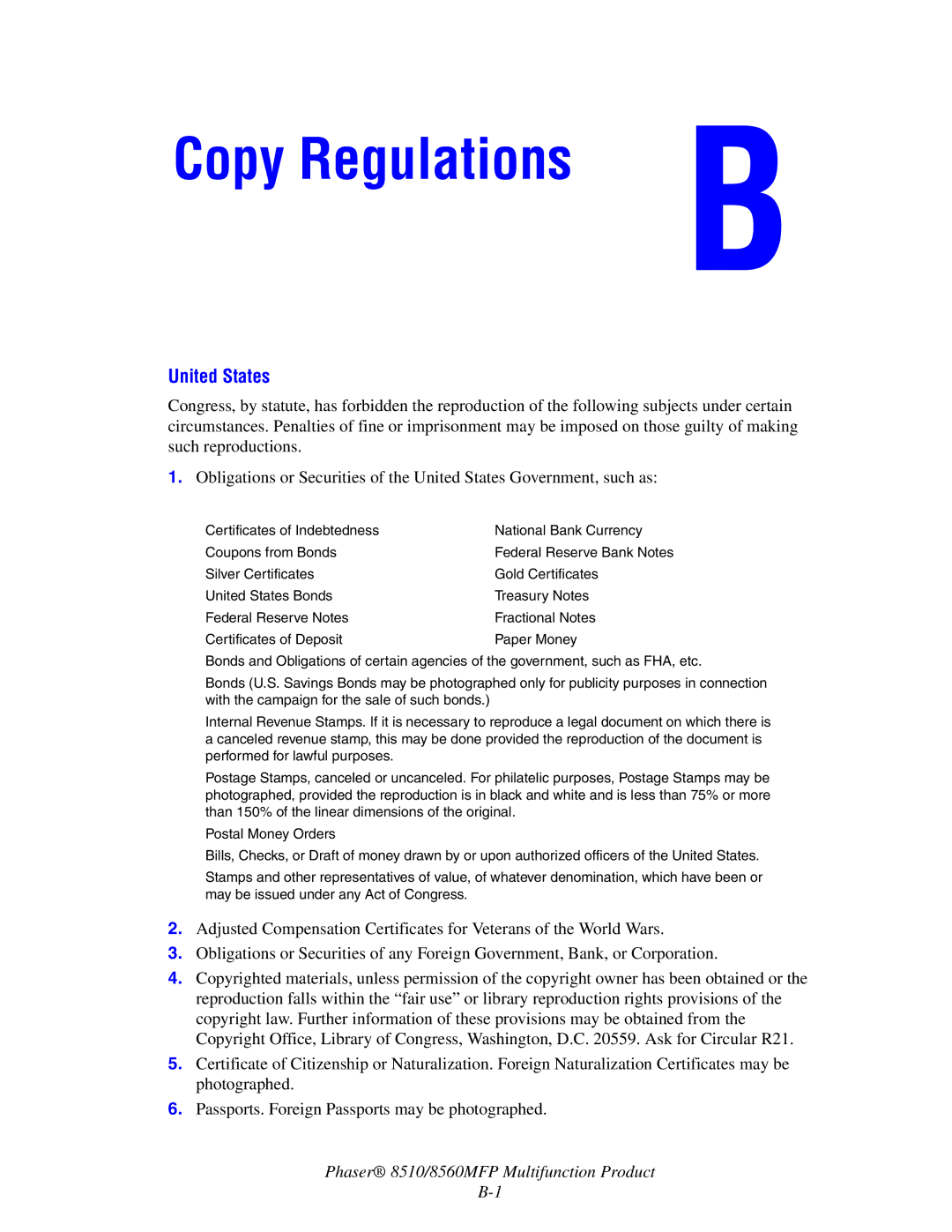 Xerox 8510 manual Copy Regulations, United States 