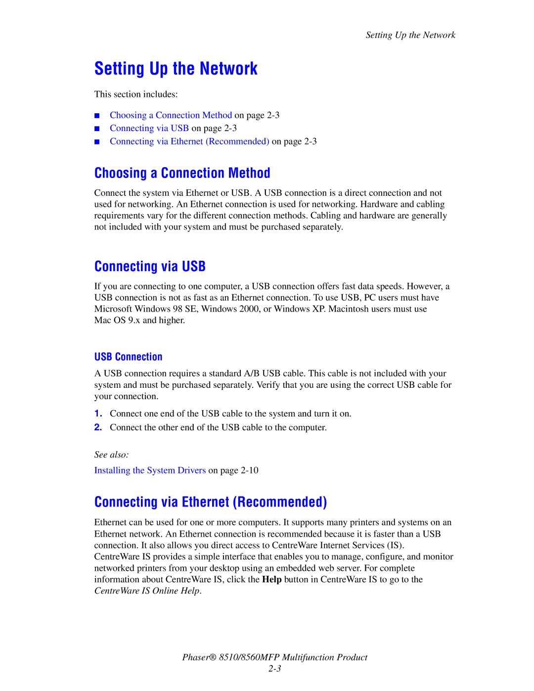 Xerox 8510 Setting Up the Network, Choosing a Connection Method, Connecting via USB, Connecting via Ethernet Recommended 