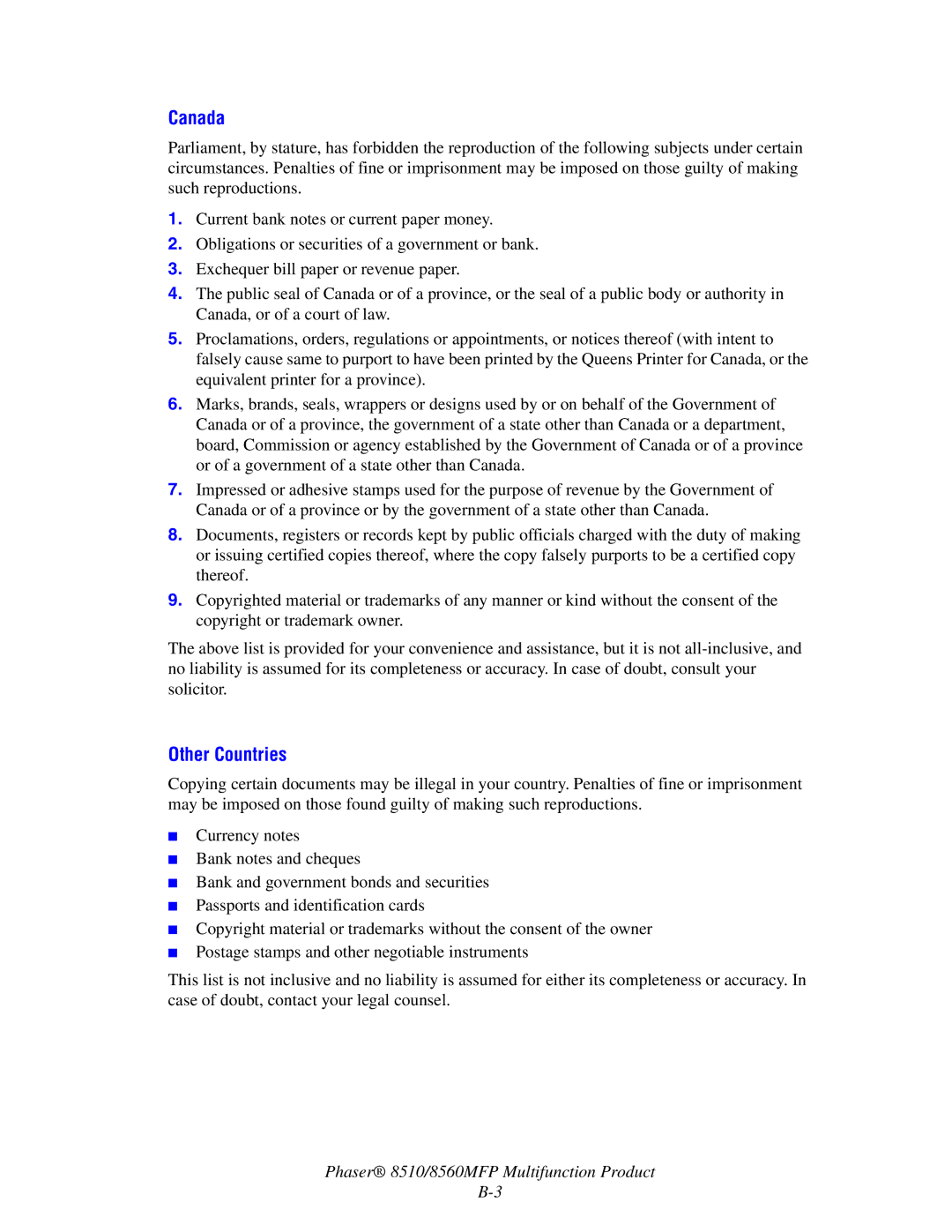 Xerox 8510 manual Canada, Other Countries 