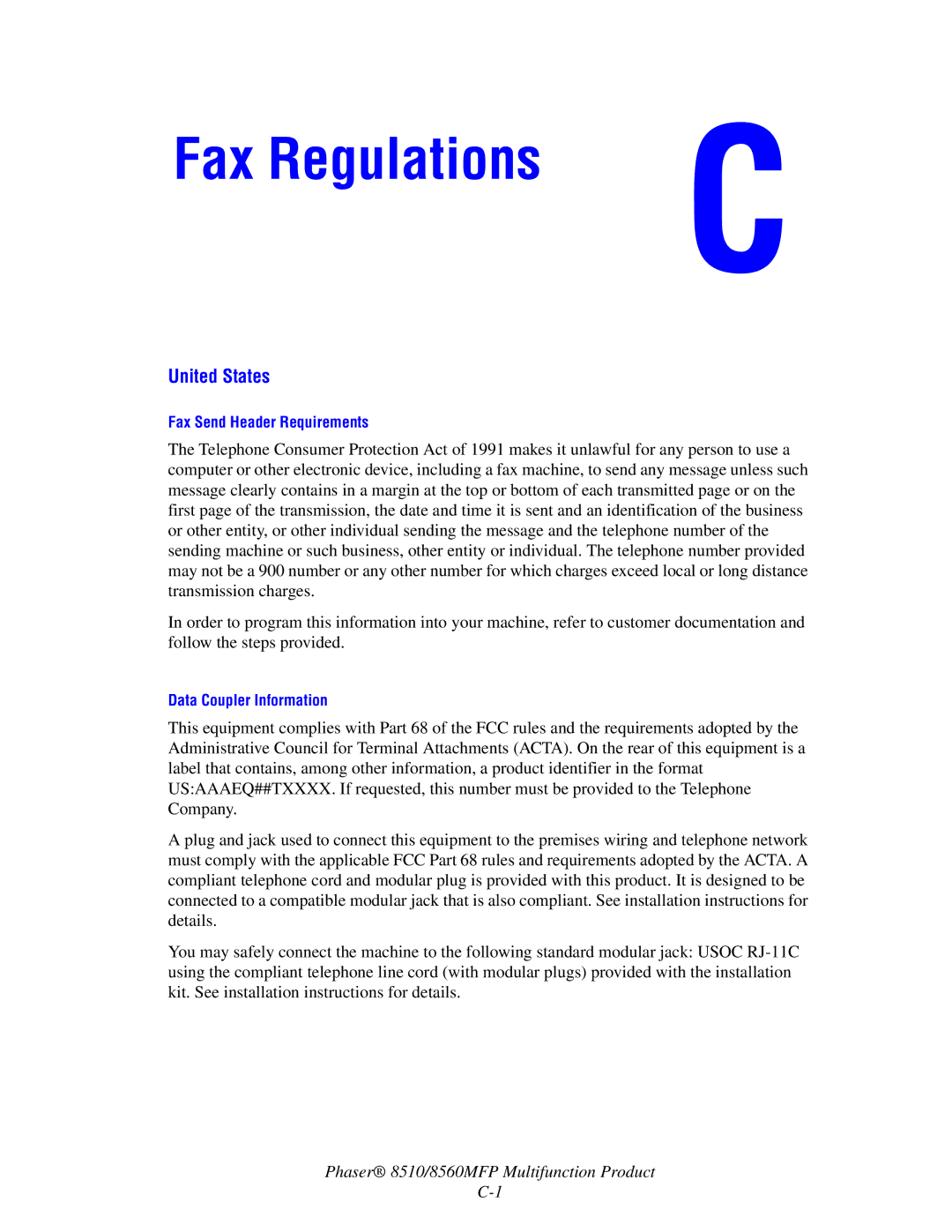 Xerox 8510 manual Fax Regulations 