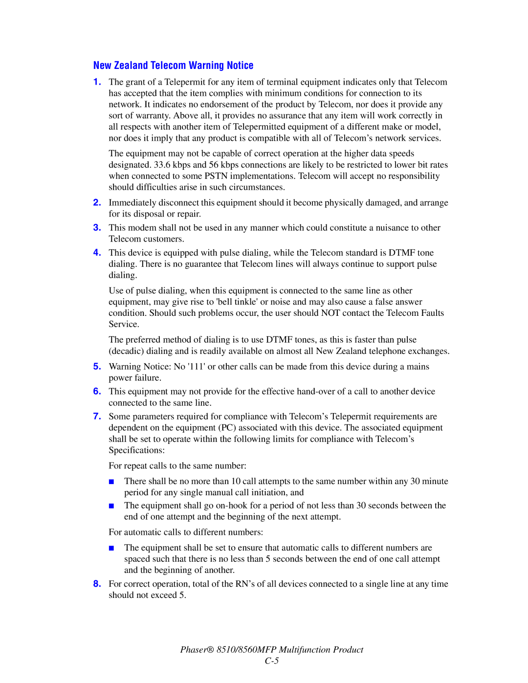 Xerox 8510 manual New Zealand Telecom Warning Notice 