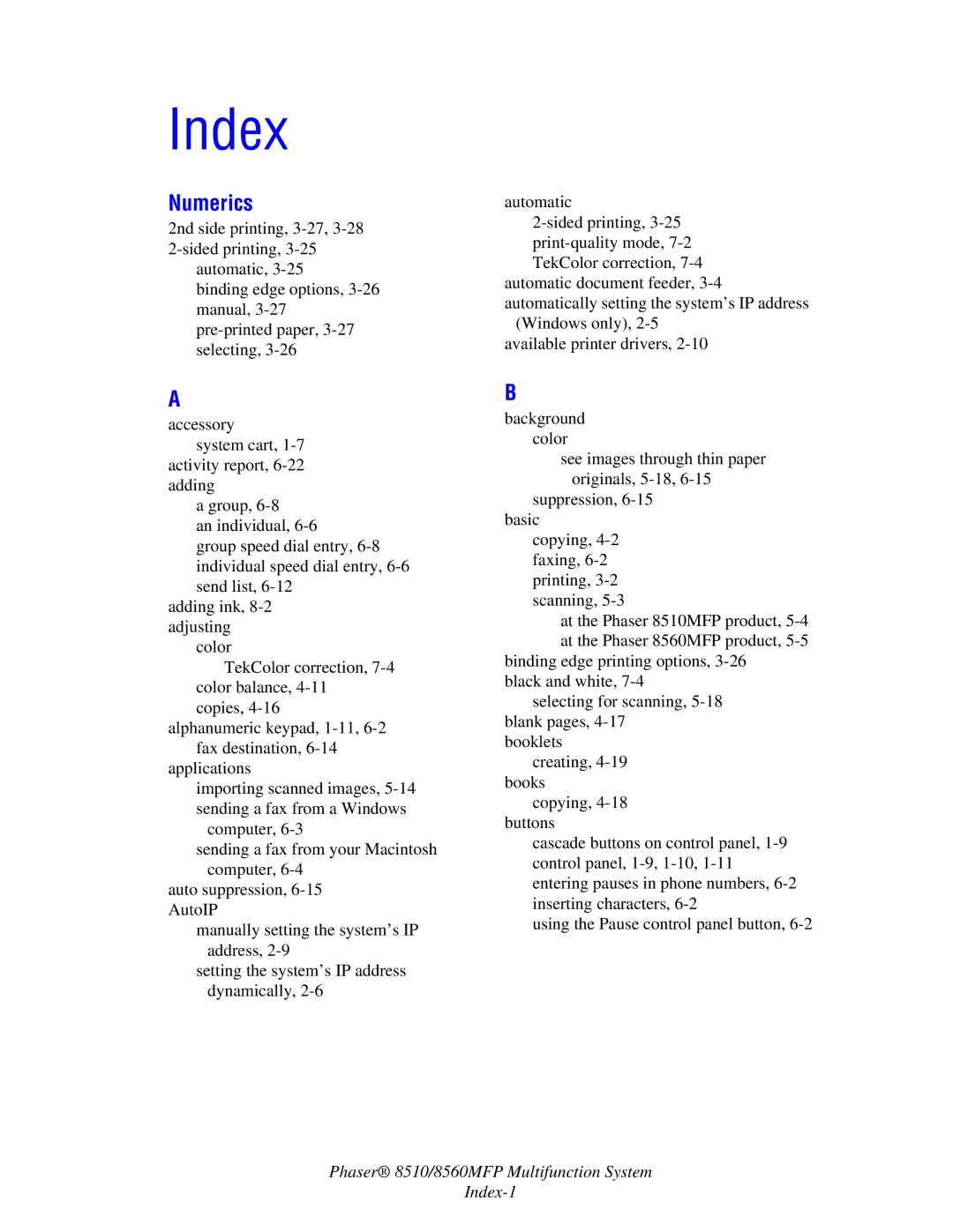 Xerox 8510 manual Index 