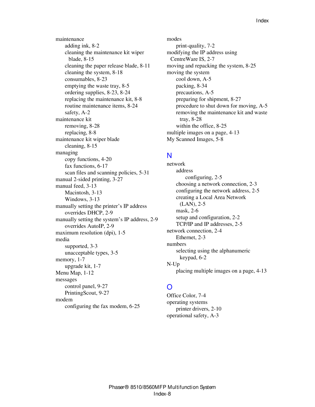 Xerox manual Phaser 8510/8560MFP Multifunction System Index-8 