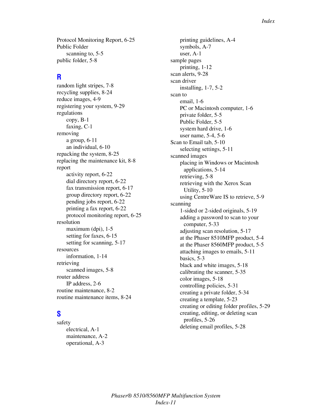 Xerox manual Phaser 8510/8560MFP Multifunction System Index-11 
