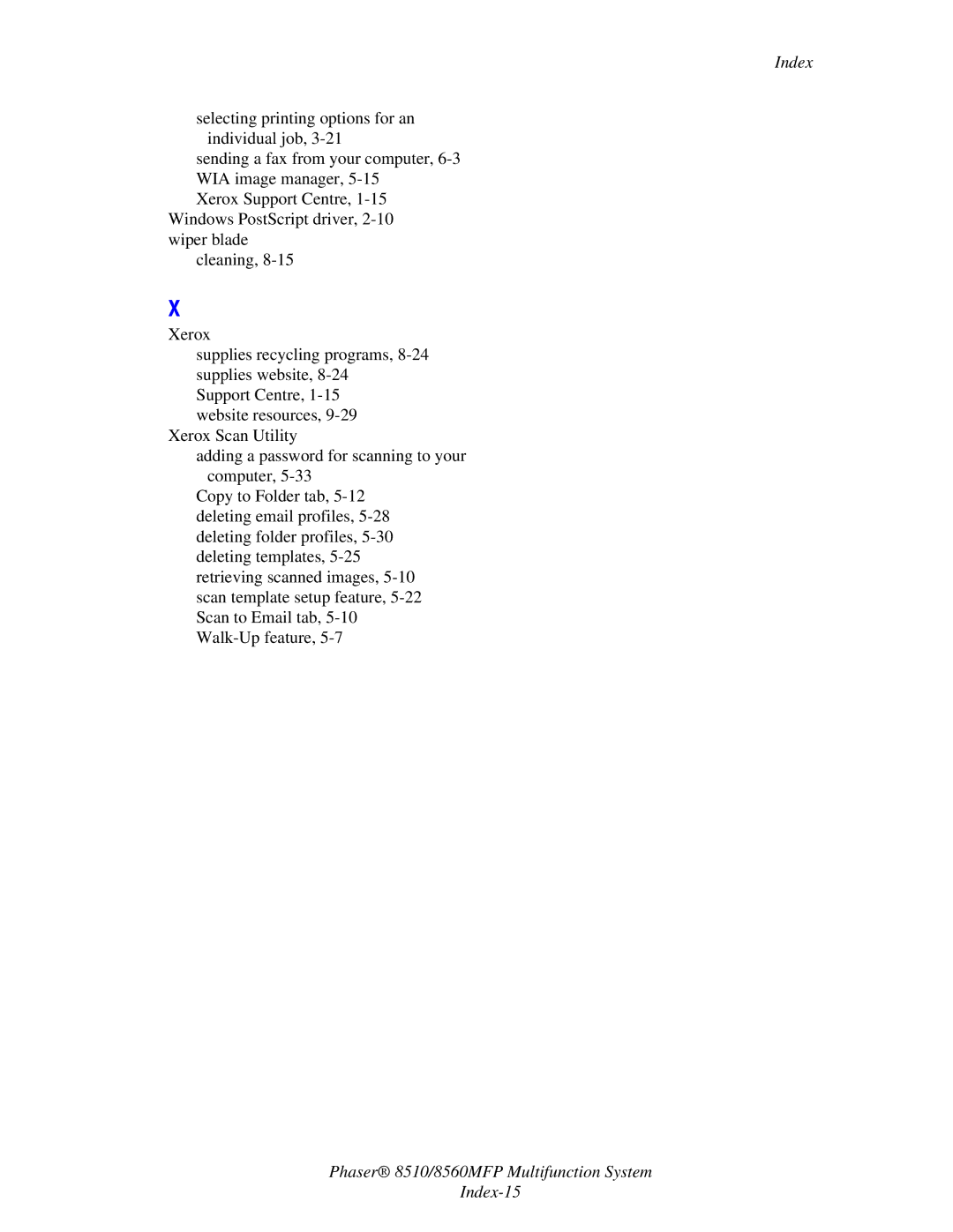 Xerox manual Phaser 8510/8560MFP Multifunction System Index-15 